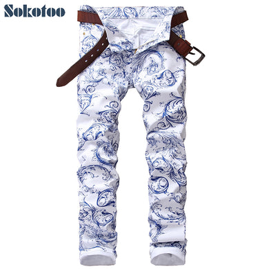 Sokotoo Men's fashion blue and white porcelain pattern print jeans